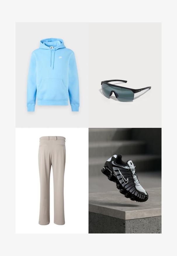 Sudadera con capucha Nike azul claro con bolsillo frontal, capucha ajustable con cordón y pequeño logo blanco de Nike en el pecho sobre un fondo liso.; Pantalones beige de corte recto mostrados por detrás, con trabillas para cinturón y dos bolsillos de vivo en la cintura.; Zapato de correr Nike en blanco y negro suspendido sobre una superficie de concreto con un fondo de piedra escalonada.; Gafas de sol deportivas con un marco negro, grandes lentes grises y un diseño envolvente. Presenta un puente nasal prominente y patillas texturizadas.