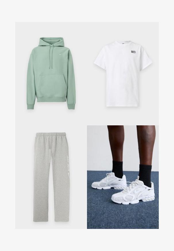 Svetlozelená mikina s kapucňou, kapucňovým vreckom na bruchu, sťahovacími šnúrkami a malým bielym logom Nike na ľavej strane hrudníka na bielom pozadí.; Biele tričko s krátkym rukávom a okrúhlym výstrihom, s malým čiernym logom Nike swoosh v obdĺžniku na ľavej strane hrude.; Sivé teplákové nohavice vyrobené z mäkkého materiálu s elastickým pásom. Na jednej nohe je biely nápis "JUST DO IT" a logo Nike Swoosh.; Biele športové topánky s priedušnou sieťovinou, textúrovanými akcentmi a polstrovanou podrážkou. Kombinované s čiernymi rebrovanými členkovými ponožkami na modrom kobercovom povrchu.