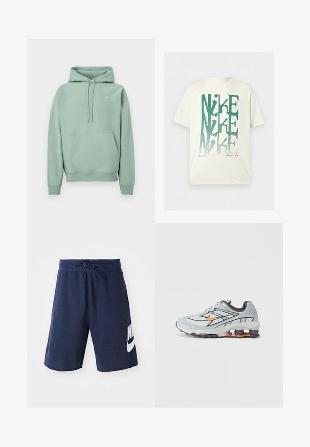 Lysegrøn pullover hoodie med kængurulomme, snoretræk og lille hvid Nike-logo på venstre bryst mod en hvid baggrund.; Hvid T-shirt med korte ærmer med stor grøn forvrænget "NIKE" tekst, der er stablet lodret, og lille tekst "NIKE INC. OREGON, USA" nederst.; Marineblå sportsshorts lavet af bomuldsblanding, med en elastisk talje og snoretræk, sidelommer og et stort hvidt logo på venstre ben.; Lyst grå løbesko med sorte detaljer, orange logo, mesh-overdel, polstret krave og gummisål med synlige stødabsorberende enheder.