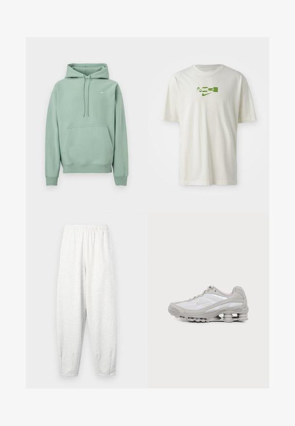Lichtgroene pullover hoodie met kangoeroezak, trekkoorden en klein wit Nike-logo aan de linkerborst, afgebeeld tegen een witte achtergrond.; Witte katoenen t-shirt met een groene grafische print van het woord "NIKE" en logo. Korte mouwen en ronde halslijn. Soepele textuur.; Lichtgrijze sweatpants gemaakt van zachte stof, met een elastische tailleband, taps tolopende benen en enkelmanchetten. Eenvoudig ontwerp zonder patronen.; Grijze en witte sportschoen met zichtbare luchtkussenzool en meshpanelen, in profiel weergegeven op een eenvoudige lichte achtergrond.