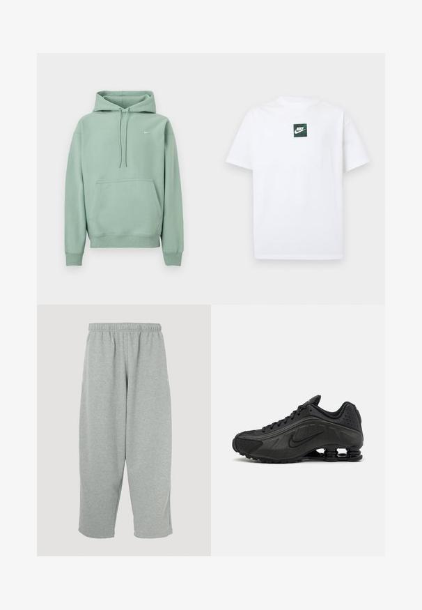 Svetlozelená mikina s kapucňou, kapucňovým vreckom na bruchu, sťahovacími šnúrkami a malým bielym logom Nike na ľavej strane hrudníka na bielom pozadí.; Biele krátke tričko s krátkym rukávom od Nike s malým zeleným štvorcovým logom, ktoré obsahuje logo Nike Swoosh a text umiestnený v strede na hrudi.; Svetlosivé tepláky s elastickým pásom, zúženým strihom nohavíc a mäkkou textúrou. Bez viditeľného loga alebo vzorov.; Čierne bežecké topánky s hladkým syntetickým zvrškom, perforovanými akcentmi, textúrovanými bočnými panelmi a výraznou pružnou podrážkou.