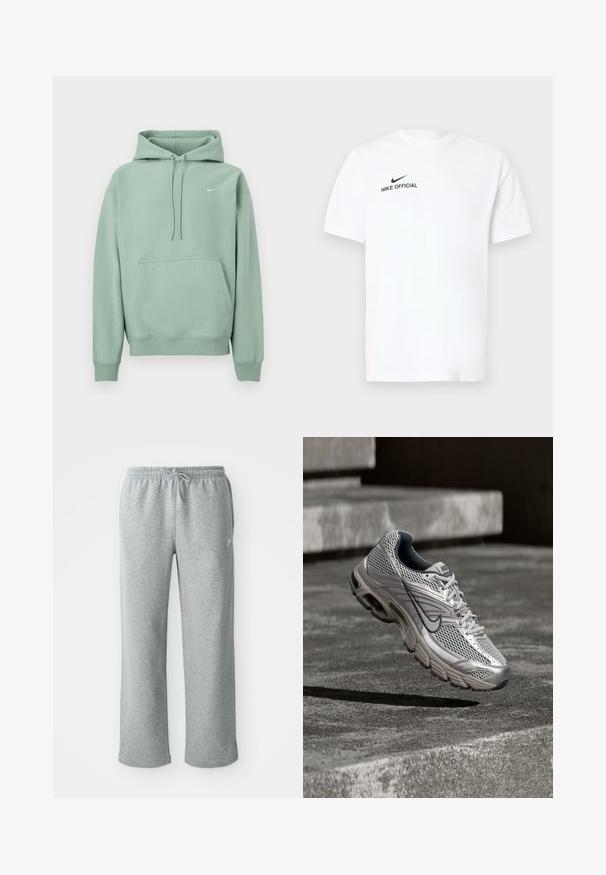 Lysegrøn pullover hoodie med kængurulomme, snoretræk og lille hvid Nike-logo på venstre bryst mod en hvid baggrund.; Hvid bomulds T-shirt med korte ærmer. Har en sort "Nike Official"-logo og en sort swoosh på venstre brystside.; Grå bomulds sweatpants med elastisk talje, snorelukning og lige ben. Har et lille logo på den øverste venstre side.; Sølv- og grå Nike-løbesko svævende i luften over betontrin, der viser detaljer af netmaterialet øverst og den polstrede sål.