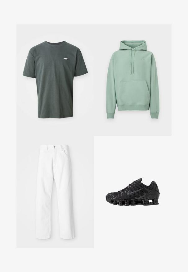 Heleroheline kapuutsiga dressipluus kängurutasku, nöörid ja väike valge Nike logo vasakul rinnal, valge taustal.; Tume roheline puuvillane t-särk lühikeste varrukatega, ümar kaelus, millel on vasakul rinnal väike valge "OBEY" logo.; Valged teksapüksid sirge lõikega, millel on esi jaoks nupp ja tõmblukk, viis taskut ning puhas, tekstuuriga viimistlus.; Mustad võrgu- ja sünteetilisest materjalist sportlikud jalanõud, millel on eriline laineline disain, must kummist talla ja peegeldavad lisandid.