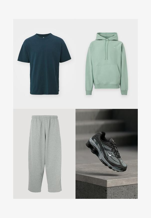 Hellgrüner Kapuzenpullover mit Kängurutasche, Kordelzug und kleinem weißen Nike-Logo auf der linken Brust vor weißem Hintergrund.; Nike Sportswear T-Shirt basic - armory navy; Hellgraue Jogginghose mit elastischem Bund, schmal zulaufendem Bein und weicher Textur. Keine sichtbaren Markenlogos oder Muster.; Grauer und schwarzer Sportschuh mit Netzpaneelen und dicker Sohle, schwebend in der Luft über einer Betonmauer mit Treppen im Hintergrund.