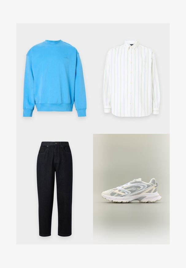Helleblaue Sweatshirt aus Baumwollmischung, mit einem gerippten Rundhalsausschnitt und Bündchen, einem kleinen Logo auf der Brust und einem lockeren Schnitt.; Weißes langärmliges Hemd mit vertikalen hellgrünen und blauen Streifen, Knopfleiste, spitzem Kragen und einer Brusttasche.; Dunkelblaue Jeanshose mit einem lässigen Schnitt, ausgestattet mit einem Knopf- und Reißverschluss, zwei vorderen Taschen und Steppnähten.; Weißer Sportschuh mit grauen Netzpaneelen, strukturierten Überzügen, einem gepolsterten Kragen und einer Gummisohle mit kleinen Traktionsspikes.