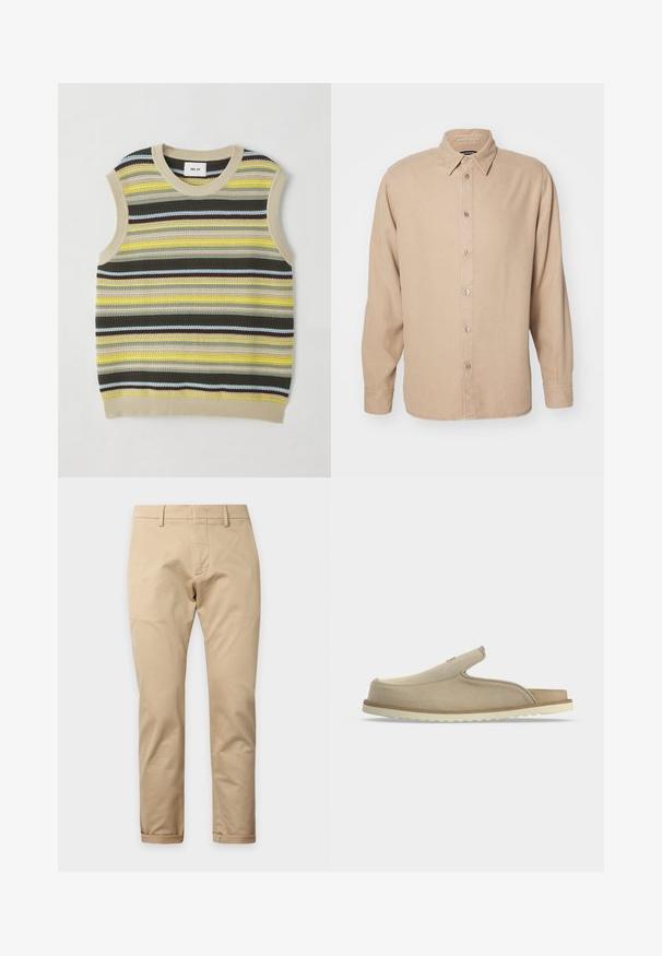 Strikket ærmeløs top med vandrette striber i gul, grøn, brun og blå. Rund halsudskæring med ribbet beige kant. Textureret stof.; Beige langærmet skjorte med button-down krave. Fremstillet af blødt stof, har en frontknaplukning og enkle syninger.; Beige bukser med lige ben, bæltestropper, lynlås foran og opsmøgede kanter på en ensartet lys baggrund.; Beige slip-on sandal med lukket tå, åben hæl, blødt ruskindsoverdel og hvid tekstureret gummisål, vist i sideprofil på hvid baggrund.