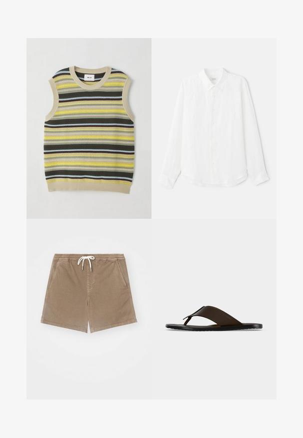 Haut sans manches en tricot avec des rayures horizontales jaunes, vertes, brunes et bleues. Encolure ronde avec une bordure en côte beige. Tissu texturé.; Chemise blanche à manches longues en lin, avec un col classique, une fermeture à boutons sur le devant et une texture lisse. Ourlet légèrement arrondi.; Shorts en coton marron avec une taille élastique et un cordon de serrage blanc, dotés de deux poches latérales et d'une coupe droite.; Sandale tong en cuir marron foncé avec une large sangle à la cheville et une semelle plate noire, montrée de profil sur fond gris.