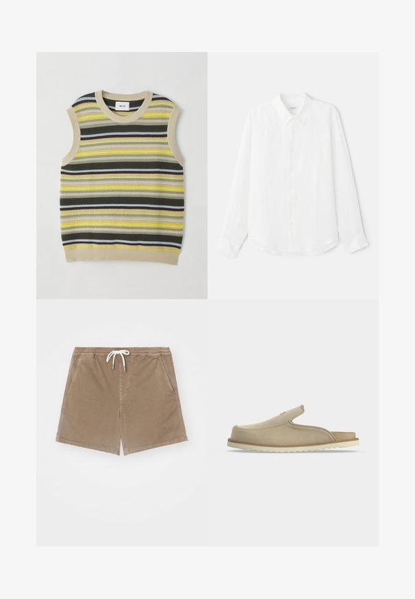 Haut sans manches en tricot avec des rayures horizontales jaunes, vertes, brunes et bleues. Encolure ronde avec une bordure en côte beige. Tissu texturé.; Chemise blanche à manches longues en lin, avec un col classique, une fermeture à boutons sur le devant et une texture lisse. Ourlet légèrement arrondi.; Shorts en coton marron avec une taille élastique et un cordon de serrage blanc, dotés de deux poches latérales et d'une coupe droite.; Sandale beige à enfiler avec bout fermé, talon ouvert, dessus en suédine souple et semelle en caoutchouc blanche texturée, montrée de profil sur fond blanc.