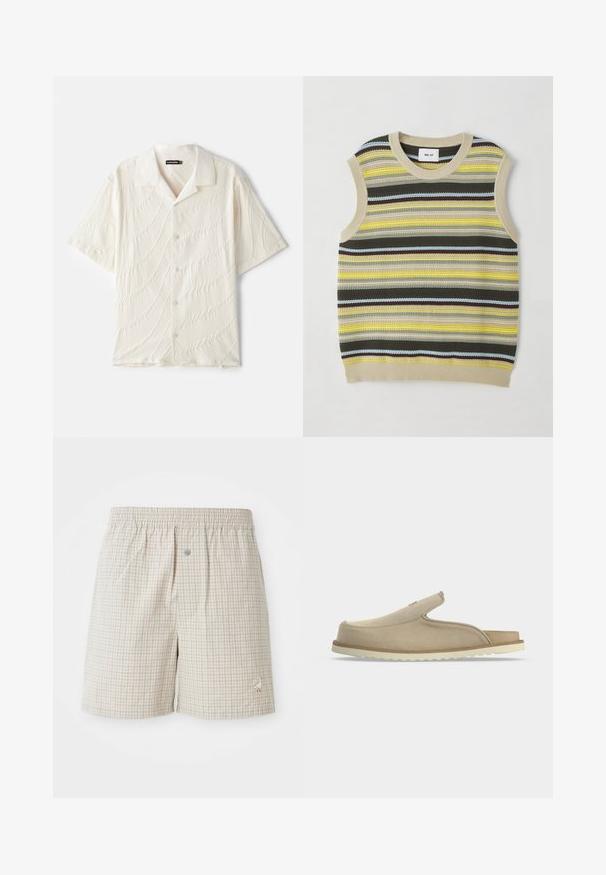Strikket ærmeløs top med vandrette striber i gul, grøn, brun og blå. Rund halsudskæring med ribbet beige kant. Textureret stof.; Kortærmet skjorte med knapper i off-white, der har et tekstureret stof med bølgelignende mønstre og en klassisk krave.; Lys beige ternede shorts med en blød tekstur, elastisk talje og en dekorativ hvid gåsebroderi nær sømmen.; Beige slip-on sandal med lukket tå, åben hæl, blødt ruskindsoverdel og hvid tekstureret gummisål, vist i sideprofil på hvid baggrund.