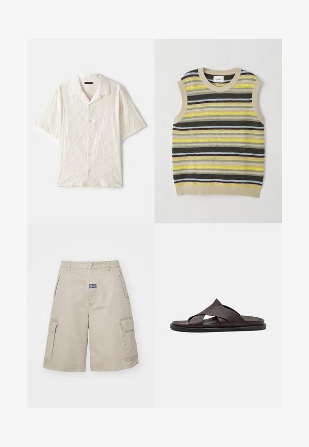 Strikket ærmeløs top med vandrette striber i gul, grøn, brun og blå. Rund halsudskæring med ribbet beige kant. Textureret stof.; Kortærmet skjorte med knapper i off-white, der har et tekstureret stof med bølgelignende mønstre og en klassisk krave.; MISBHV PERFECT - Shorts - beige; Stuart Weitzman BERKLEY - Slip-on sandaler - espresso