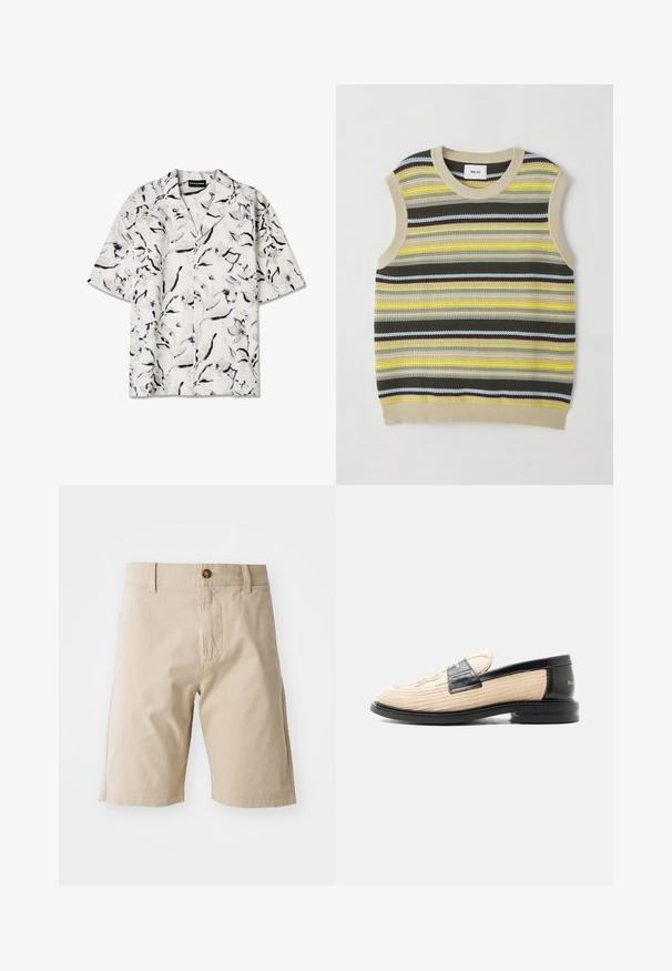 Strikket ærmeløs top med vandrette striber i gul, grøn, brun og blå. Rund halsudskæring med ribbet beige kant. Textureret stof.; Kortærmet skjorte med åben krave i hvid base med sorte og grå blomsterede mønstre. Letvægtsstof med knapdetaljer.; Beige bomuldsshorts med knaplukning, bæltestropper og sidelommer; glat tekstur og lige silhuet.; Beige vævet loafer med sort skindkant, rundet tå, sort sål og dekorativt syet mønster på oversiden.
