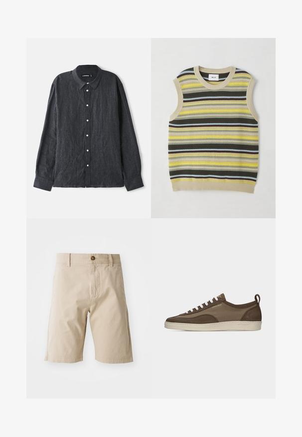 Haut sans manches en tricot avec des rayures horizontales jaunes, vertes, brunes et bleues. Encolure ronde avec une bordure en côte beige. Tissu texturé.; Chemise en lin gris foncé à manches longues avec col boutonné, dotée d'une patte de boutonnage sur le devant avec des boutons blancs et une coupe décontractée.; Shorts en coton beige avec fermeture à bouton, passants de ceinture et poches latérales ; texture lisse et silhouette droite.; Baskets basses marron à profil bas avec lacets blancs, semelle beige, dessus en tissu et daim, languette latérale et logo "Tiger of Sweden" en texte doré.