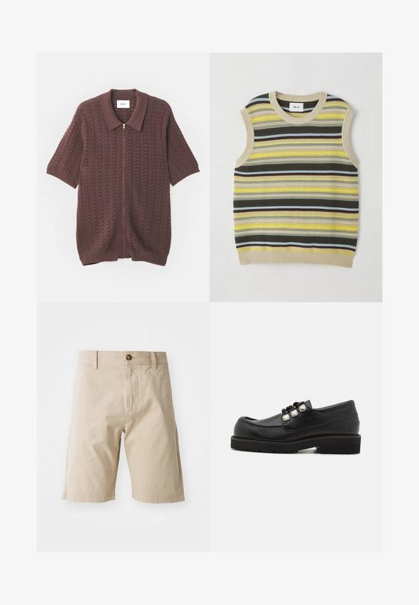 Top de punto sin mangas con rayas horizontales en amarillo, verde, marrón y azul. Escote redondo con borde acanalado en beige. Tejido texturizado.; Camisa de punto burdeos de manga corta con cremallera, con un patrón de olas texturizadas y un cuello abierto, que presenta puños y dobladillo acanalados.; Pantalones cortos de algodón beige con cierre de botón, presillas para cinturón y bolsillos laterales; textura suave y silueta recta.; Mocasines de cuero negro con punta redonda, que presentan tres acentos metálicos y una suela texturizada para mayor agarre. Parte superior lisa y detalle de costura.