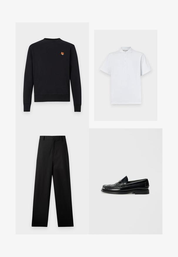 Zwarte longsleeve sweatshirt met geribde boorden en zoom, voorzien van een klein geborduurd oranje voshoofd op de linker borst.; Witte polo met korte mouwen, gemaakt van katoen, met een klassieke kraag en een drie-knopssluiting. Soepele textuur, geen patronen.; Zwarte broek van katoen met een rechte pijpdesign, voorzien van een sluiting met een knoop aan de voorkant en zijzakken. Gladde textuur, geen patronen.; Hereu NOMBELA - Instappers - black