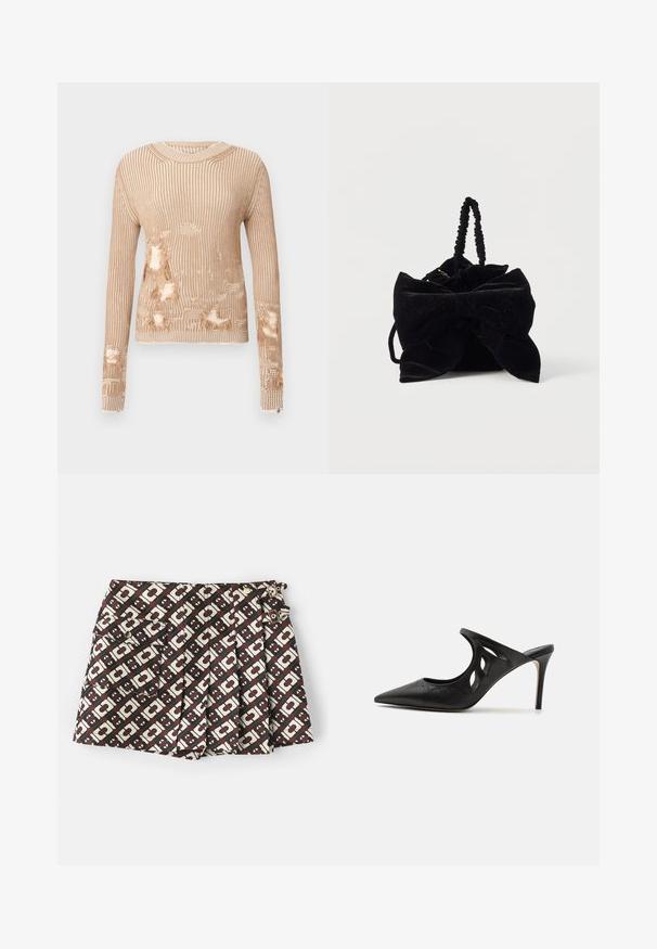 Strikket sweater i lysebeige med lodrette striber, der har flere slidte områder, hvor det indvendige stof er eksponeret, og med frynser på ærmekanterne.; Mærkevarer shorts med et brunt og cremefarvet geometrisk mønster, to sidelommer og guldfarvede detaljer. Stof med en glat tekstur.; Sorte læder højhælede mules med spids tå, udskåret sideskærm og glat tekstur. Stiletthæl og subtil syning.; Sort fløjls-håndtaske med stor sløjfe, samlet design og snoet hank. Blød tekstur med diskret glimmer over hele.