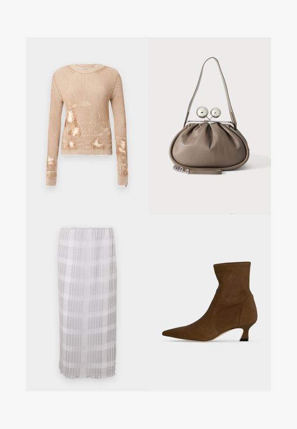 Pull en tricot beige clair avec des rayures verticales, présentant plusieurs zones usées laissant apparaître le tissu intérieur et des poignets effilochés.; Jupe longue et transparente en blanc avec un motif à carreaux gris. Tissu doux et léger avec une taille élastique, se terminant à la longueur de la cheville.; Bottine marron à la cheville avec un bout pointu et un petit talon bas, fabriquée en matériau lisse, présentée sur un fond uni.; Sac à main en cuir gris de forme arrondie, fermeture supérieure avec deux grandes sphères argentées, et une seule anse.