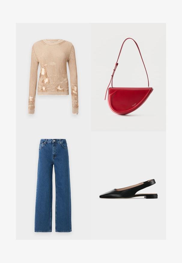 Gebreide trui in lichtbeige met verticale strepen, voorzien van meerdere versleten plekken die de binnenstof blootleggen en rafelige manchetten.; Blauwe hoge taille wijde pijpen jeans met sluiting met knoop en rits aan de voorkant, voorzakken en riemlussen op een witte achtergrond.; Zwarte leren slingback platte schoen met spitse neus en lage vierkante hak op een witte achtergrond.; Rode leren halfmaan handtas met verstelbare schouderriem, klein zilveren logo en een glad, gestructureerd ontwerp op een witte achtergrond.