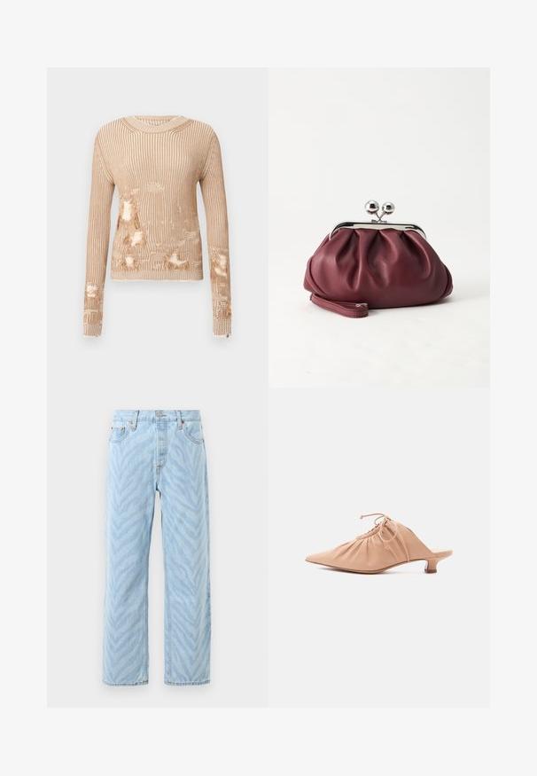 Pull en tricot beige clair avec des rayures verticales, présentant plusieurs zones usées laissant apparaître le tissu intérieur et des poignets effilochés.; Jeans droit light blue avec un motif subtil de rayures zèbres, fermeture par bouton et zip, et design à cinq poches.; Mule pour femme en cuir beige avec bout pointu, dessus froncé, lien de serrage et petit talon kitten, sur fond blanc.; Petit sac pochette en cuir bordeaux avec fermoir métallique argenté et bracelet sur fond blanc.