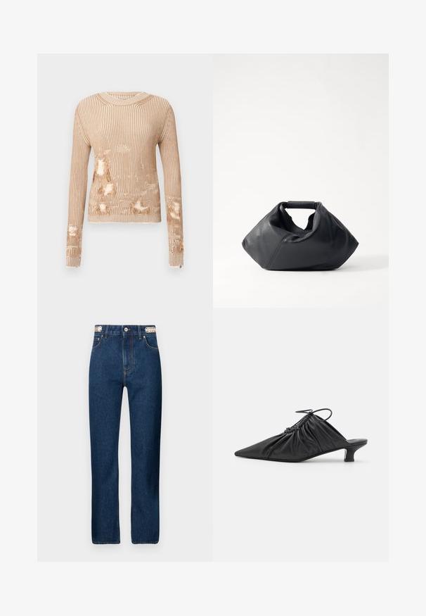 Strikket sweater i lysebeige med lodrette striber, der har flere slidte områder, hvor det indvendige stof er eksponeret, og med frynser på ærmekanterne.; Rabanne Jeans Straight Leg - dark blue denim; Sorte læder slip-on mules med spids tå, samlet tekstur og en lille kitten heel. Har en snor-detalje ved åbningen.; Sort lædertaske med en struktureret overflade, unik krøllet form og et kort håndtag. Har et enkelt hovedrum.
