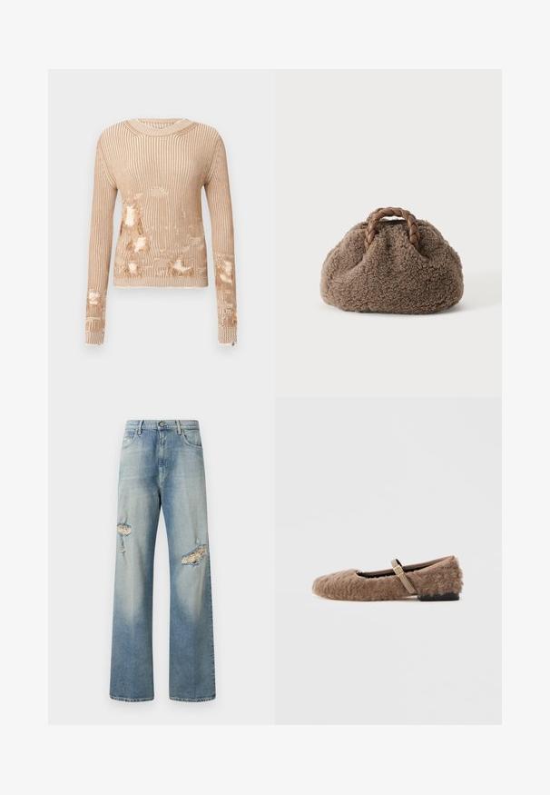 Pull en tricot beige clair avec des rayures verticales, présentant plusieurs zones usées laissant apparaître le tissu intérieur et des poignets effilochés.; Jeans en denim bleu clair à jambes larges avec des déchirures sur le devant, fermeture à bouton et design classique à cinq poches. Texture douce.; Chaussure plate marron et duveteuse avec une bride Mary Jane et un détail de boucle dorée. Texture douce, bout carré et petit talon bloc. Doublure intérieure lisse.; Petit sac à main marron duveteux avec des poignées en cuir tressé sur un fond uni clair.