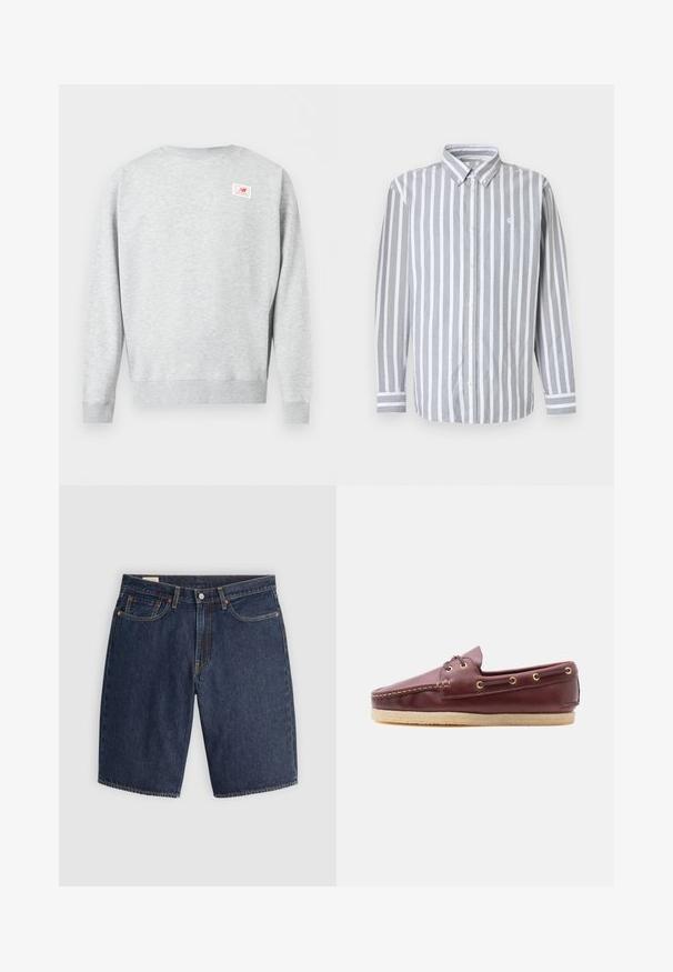 Sudadera gris claro con cuello redondo, mangas largas y un pequeño parche con el logo de New Balance en rojo y blanco en la parte superior izquierda del pecho.; Camisa de hombre abotonada con rayas verticales en gris y blanco, mangas largas y un pequeño logo en el pecho. Tela de algodón, cuello clásico.; Pantalones cortos de mezclilla en azul oscuro, con un diseño clásico que incluye cinco bolsillos, costuras cosidas, cierre de botón y bolsillos traseros curvados.; Zapato náutico de cuero marrón con costuras moc toe, detalles de cordones a través de ojales dorados y suela de goma beige, mostrado en vista lateral sobre fondo blanco.