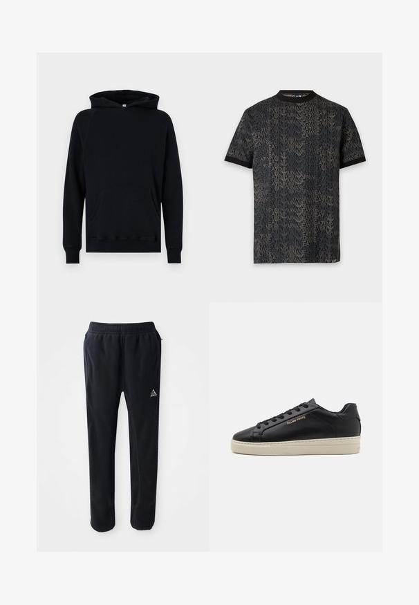 Sudadera de algodón negra con bolsillo tipo canguro, mangas largas y capucha con cordón. Puños y dobladillo acanalados, tejido texturizado. Corte clásico.; Camiseta negra de manga corta con texto y logo "EA7 Emporio Armani" en patrón repetido en gris oscuro.; Pantalones atléticos negros de material suave y texturizado, con cinturilla elástica, bolsillos laterales y un acento de logo triangular en el muslo.; Zapatilla de cuero negra con un acabado suave, suela crema en contraste, puntera redonda, logo dorado en el lateral y seis ojales para los cordones.