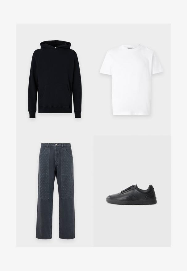 Čierny bavlnený hoodie s klokaniou kapsou, dlhými rukávmi a kapucňou so sťahovacou šnúrkou. Hranaté manžety a lem, textúrovaná látka. Klasický strih.; Biely bavlnený tričko s okrúhlym výstrihom a krátkymi rukávmi. Obsahuje malé reliéfne logo na ľavej hrudi. Hladká textúra.; Tmavé šedé džínsy so širokým strihom, s dekoratívnymi nášivkami na prednej strane s jemným kvetinovým vzorom a štandardným detailom vreciek.; Čierne kožené tenisky s hladkým povrchom, zaoblenou špičkou, texturovanou bočnou časťou a čiernymi šnúrkami. Majú plochú gumovú podrážku a minimalistický dizajn.