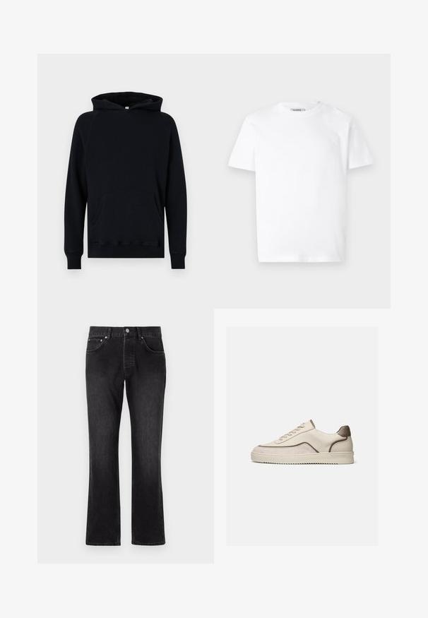 Čierny bavlnený hoodie s klokaniou kapsou, dlhými rukávmi a kapucňou so sťahovacou šnúrkou. Hranaté manžety a lem, textúrovaná látka. Klasický strih.; Biely bavlnený tričko s okrúhlym výstrihom a krátkymi rukávmi. Obsahuje malé reliéfne logo na ľavej hrudi. Hladká textúra.; Čierne džínsy s rovnými nohavicami, s stredne vysokým pásom, prednými vreckami a klasickým zapínaním na gombíky.; Nízke béžové tenisky so šnurovaním, zamszovými a koženými panelmi a ryhovanou gumovou podrážkou na jednoduchom bielom pozadí.