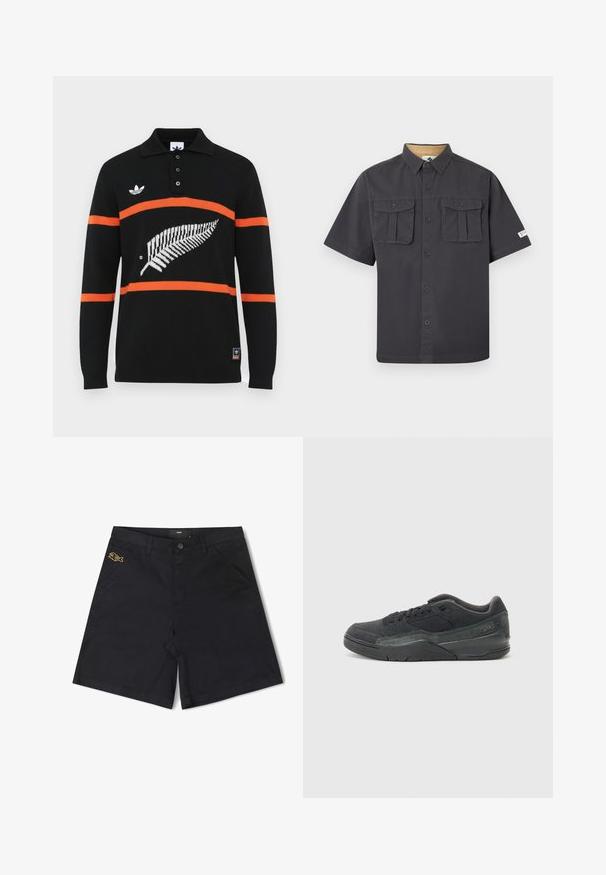 Must musta varrukatega polo, millel on oranžid triibud, valge sõnajala kujundus ja kolme nupuga tõmblukk. Keeled on rinnal brodeeritud logo.; Lühikeste varrukatega tumehall nööbitav särk kahe nööpidega rinnataskuga ja sildiga vasakul varrukal.; Mustad mustriid lühikesed püksid, millel on eesnupu sulgemine, küljetaskud ja vasakul taskul väike kollane kala logo.; Musthave must mustmustmust ühendavad mugavuse ja toe: must nubukist sneaker, millel on tekstureeritud võrgupaneel, kummist välistald, pehmendusega kaelus ja tonalne õmblus.