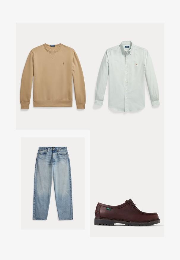 Beež pika varrukaga ümmarguse kaelusega dressipluus soonikkoes varrukate ja alumise äärega ning vasaku rinna peal tikitud Polo Ralph Laureni logoga.; Hele sinine pika varrukaga nööpidega pluus, nööpidega kraega ja vasakul rinnal väike Polo Ralph Laureni tikandiga logo.; Hele sinised teksapüksid lahtise istmega. Omavad kõrget pihta, viit taskut ja nähtavat õmblust. Pinna tekstuur on veidi karedam.; Tumepruun nahast mokasiinstiilis jalanõu musta tugevdatud tallaga ja rohelise Polo logoga sildiga küljes, näidatud külgvaates.