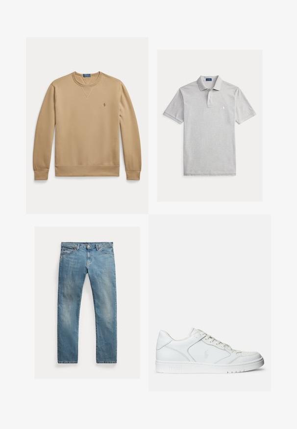 Beige sweater met lange mouwen en een ronde hals, voorzien van geribbelde boorden en zoom, met een geborduurd Polo Ralph Lauren-logo op de linkerborst.; Lichtgrijs polo met korte mouwen, kraag, twee knoopsluiting en een klein wit geborduurd logo op de linkerborst.; Lichtblauwe denim jeans met een rechte pasvorm, knoopsluiting, vijf zakken, subtiele vervaging en stikselaccenten.; Witte leren sneaker met een gladde textuur, voorzien van een geperforeerde neus, vetersluiting en geborduurde logo aan de zijkant. Witte rubberen zool.
