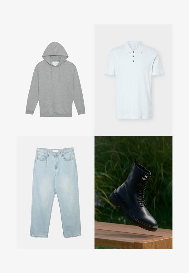 Lichtgrijze hoodie met lange mouwen en een voorzak met trekkoorden, plat gelegd op een witte achtergrond.; Lichtblauw poloshirt met korte mouwen, een kraag, drie donkere knopen en subtiele verticale gestructureerde strepen.; Lichtblauwe denim jeans met een relaxte fit, vijf zakken, een knoopsluiting en subtiele vervaging. De textuur is glad en licht versleten.; Zwarte leren enkellaars met ronde neus, veterontwerp, metalen veteroogjes en gestructureerde zool, zwevend tegen een groene achtergrond.