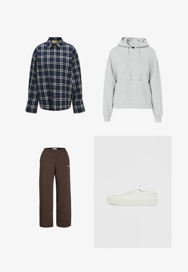 Grijze hoodie met een ruime pasvorm, lange mouwen en een capuchon met verstelbare trekkoorden. De stof lijkt zacht en heeft een subtiele textuur zonder zichtbare patronen of accenten.; Geklede shirt in marineblauw, wit en zwart. Voorzien van een kraag, knopen aan de voorkant en lange mouwen met manchetten. Zachte stoftextuur.; Bruine sweatpants met wijde pijpen, elastische tailleband en een klein wit tekstlogo op het bovenbeen, tegen een witte achtergrond.; Witte lage sneaker met geschulpte randen, vetersluiting en platte rubberen zool op een effen witte achtergrond.