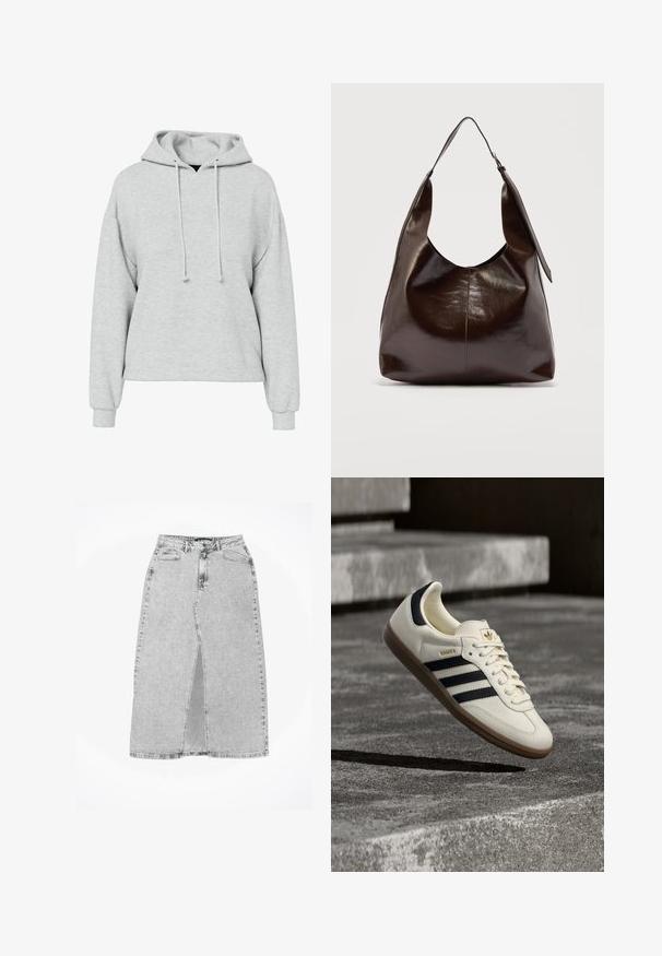 Sudadera gris con un ajuste amplio, mangas largas y capucha con cordón. La tela parece suave, con una textura sutil y sin patrones o detalles visibles.; Falda de mezclilla gris con una abertura frontal, tiro alto, cinco bolsillos y detalles de costura. Dobladillo recto con un leve desgaste. Diseño clásico.; Zapatilla blanca Adidas Samba con franjas negras y suela de goma, flotando sobre escalones de hormigón gris texturizado.; Bolso de hombro de cuero marrón oscuro brillante con una sola correa ancha y detalle de hebilla en un lado, colocado sobre un fondo claro y sencillo.