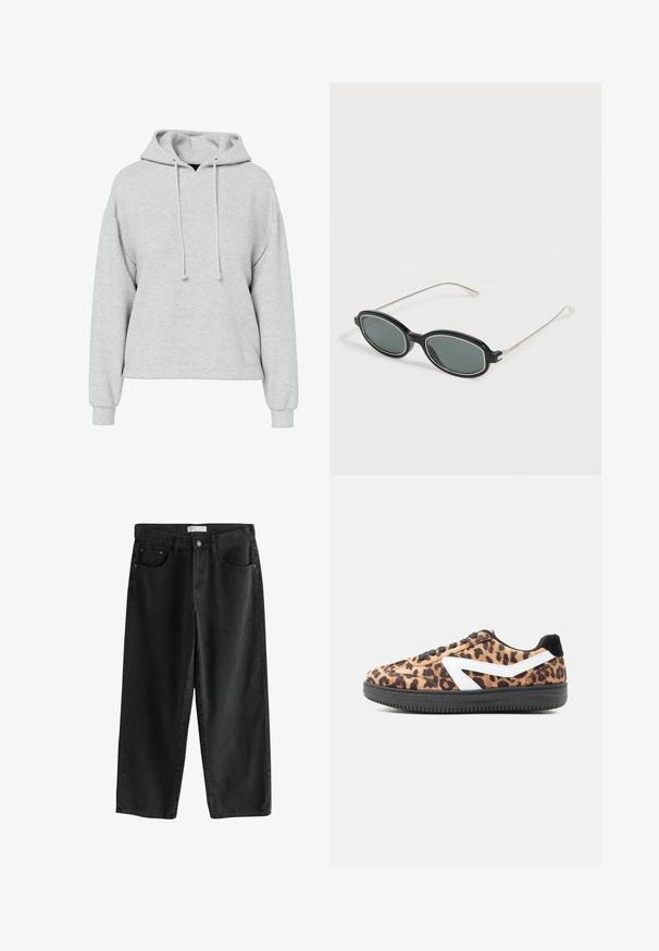 Grå hættetrøje med rummelig pasform, lange ærmer og justerbar hætte. Stoffet virker blødt med en subtil tekstur uden synlige mønstre eller detaljer.; Sorte denim bukser med brede ben og mellemhøj talje, der har to forlommer, en knappelukning og subtile syningsdetaljer.; Sneaker med lavt skaft med leopardprint på overdelen, sort sål, sorte snørebånd, hvid sidekant og sort hældetalje mod ensfarvet baggrund.; Sorte ovale solbriller med tynde sølvfarvede metalarme og mørke linser på en hvid baggrund.