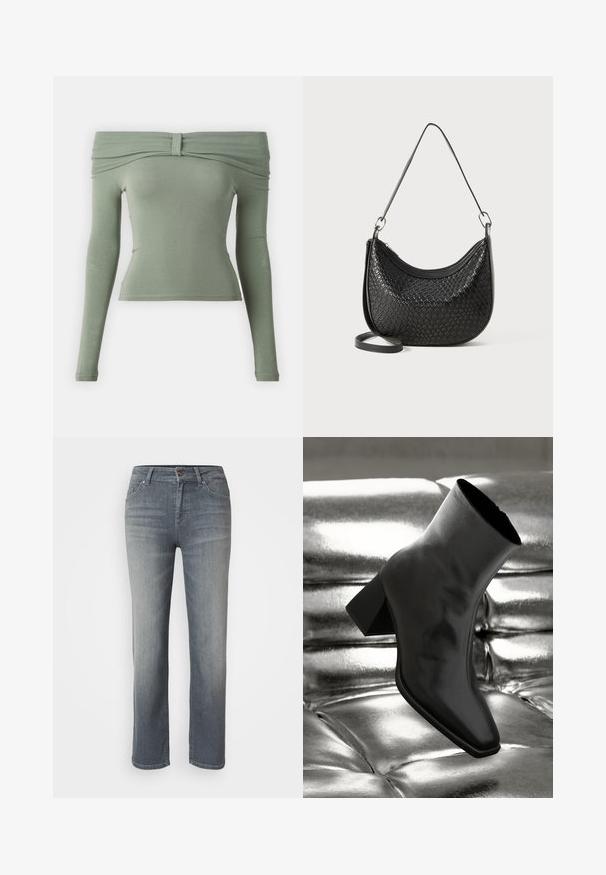 Haut à manches longues, décolleté asymétrique en tissu doux et extensible, avec un détail noué au niveau du col, de couleur vert pastel.; Jeans en denim gris avec une coupe droite, un design à cinq poches, fermeture à bouton et à zip, et une finition légèrement délavée.; Botte noire à la cheville en matériau brillant avec un bout carré et un talon effilé, sur un fond argenté brillant et capitonné.; Sac à main tissé noir avec une forme courbée, une fermeture éclair et une longue sangle réglable. La finition texturée met en valeur les détails de sa surface.