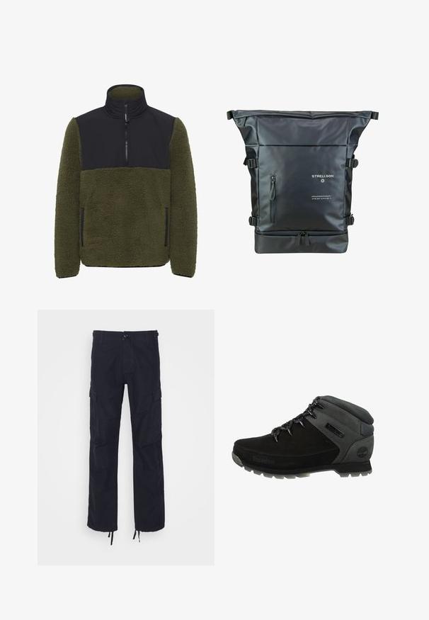 Fleece-Pullover in Olivgrün mit einem schwarzen Nylon-Brustpanel. Verfügt über einen hohen Kragen, einen halbseitigen Reißverschluss und seitliche Taschen.; Schwarze Cargo-Hosen mit lockerer Passform, ausgestattet mit Seitentaschen, einem Knopfverschluss und verstellbaren Säumen. Hergestellt aus strapazierfähigem Baumwollstoff.; Schwarze Wanderschuhe mit grauen synthetischen Akzenten, gepolstertem Kragen und Schnürdesign. Texturiertes Obermaterial mit Logodetail an der Seite.; Schwarzer Roll-Top-Rucksack aus wasserdichtem Material. Verfügt über verstellbare Träger, eine vordere Reißverschlusstasche und bedruckte Markendetails.
