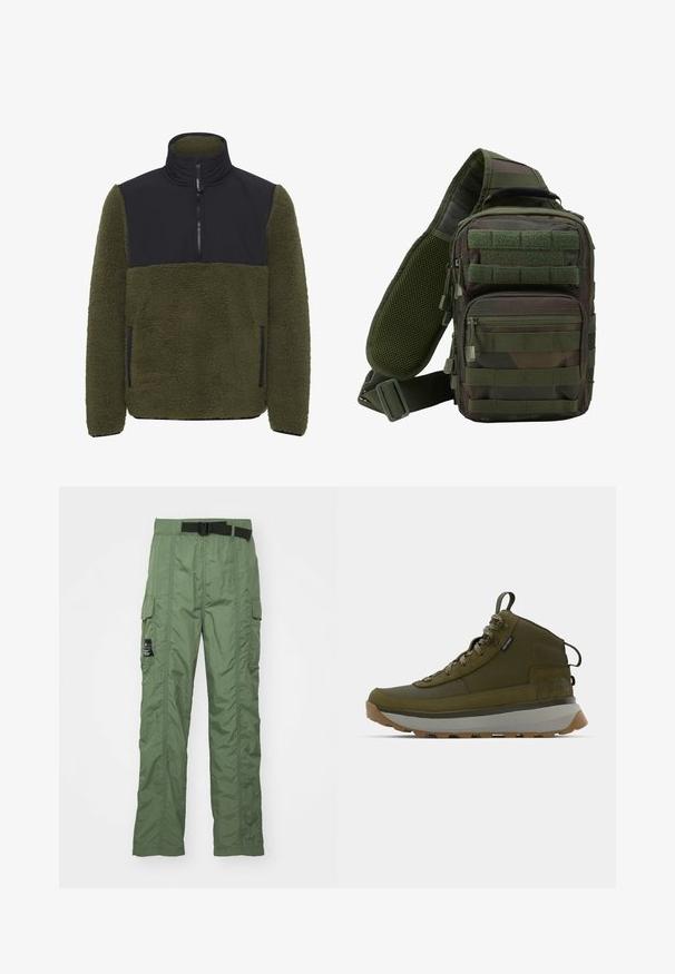 Pull-over en polaire vert olive avec un panneau en nylon noir sur la poitrine. Il comprend un col montant, une fermeture éclair mi-haute et des poches latérales.; Pantalons cargo en vert olive, fabriqués en tissu léger. Présentent une ceinture noire, des poches cargo sur les côtés et des détails de couture.; Bottes de trekking en vert olive avec une tige en daim texturé, une semelle intermédiaire grise, une semelle extérieure robuste et des lacets réfléchissants pour une meilleure visibilité.; Sac à dos en bandoulière camouflage vert avec plusieurs poches zippées, une sangle réglable et un panneau arrière en mesh pour la ventilation.