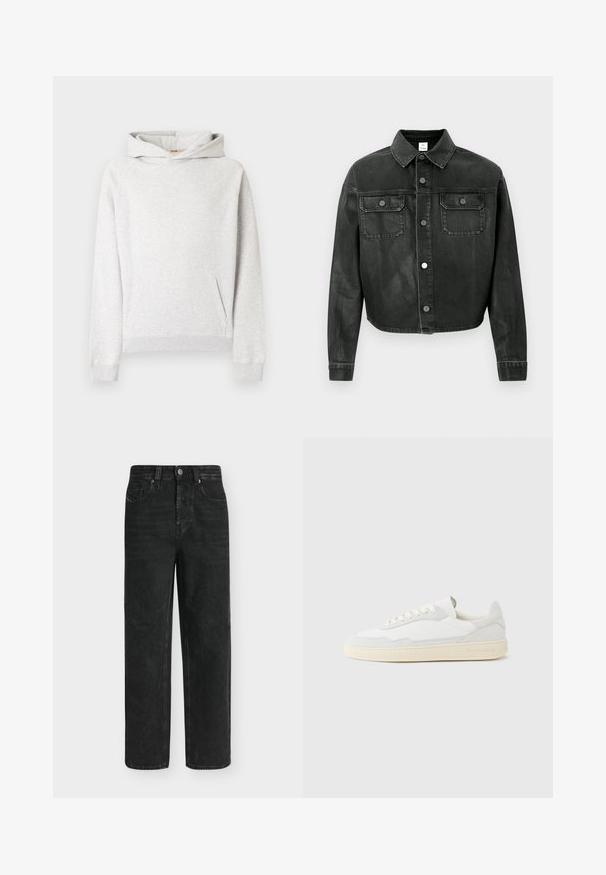 Sweat à capuche gris chiné en tissu polaire doux, doté d'une capuche avec cordon de serrage, d'une poche avant, ainsi que de poignets et d'un ourlet côtelés.; Veste en denim noire raccourcie avec fermeture à boutons, deux poches poitrine et pièces métalliques argentées. Elle présente un col classique et une texture douce.; Jean noir coupe droite avec taille haute, bouton et fermeture éclair à l'avant, poches latérales et arrière, présenté sur un fond clair uni.; Baskets blanches avec dessus en daim et cuir texturé. Caractérisées par un bout arrondi, une fermeture à lacets et une semelle en caoutchouc beige contrastante.