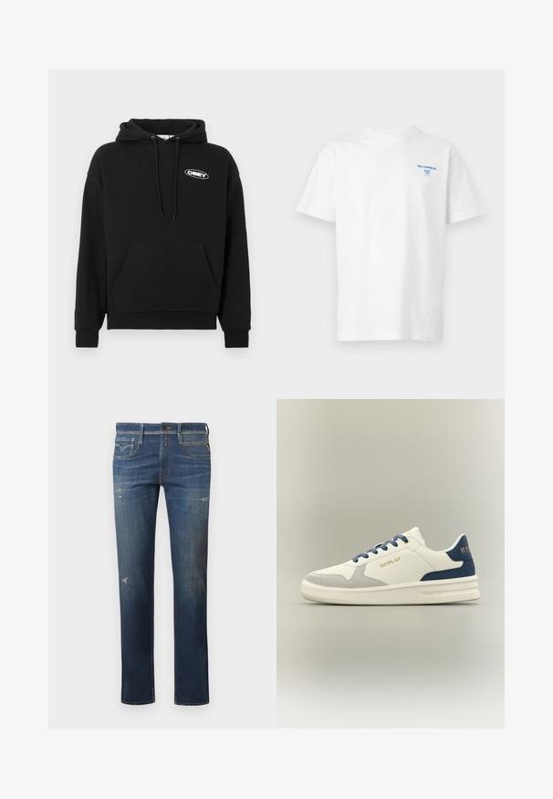 Schwarzer Baumwoll-Hoodie mit Kängurutasche, verstellbarer Kapuze mit Kordelzug und einem auf der Brust gestickten "OBEY"-Logo. Weiche Textur, lockere Passform.; Weißes T-Shirt mit kurzen Ärmeln und Rundhalsausschnitt, mit kleinem blauen "SOL COFFEE CO."-Text und Logo auf der oberen linken Brust.; Dunkelblaue Jeans aus Denim mit geradem Bein, die abgenutzte Stellen, dezente Ausbleichungen und ein traditionelles Fünf-Taschen-Design mit Knopfverschluss aufweisen.; Niedriger Sneaker mit weißen, grauen und marineblauen Paneelen, marineblauen Schnürsenkeln, goldfarbenem "REPLAY"-Logo an der Seite und der Ferse sowie einer weißen Gummisohle.