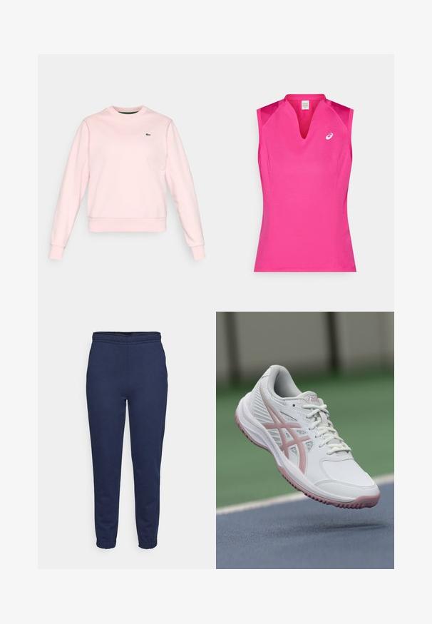 Sudadera de cuello redondo de color rosa claro con mangas largas y pequeño logo de cocodrilo verde en el lado izquierdo del pecho, exhibida sobre fondo blanco.; Top deportivo sin mangas en rosa brillante, con diseño de escote en V. Hecho de tela suave y ligera con un sutil brillo y un detalle de logo.; Pantalones de chándal azul marino con cintura elástica y puños en los tobillos, vista frontal, hechos de una tela suave para el uso casual.; Zapatilla deportiva blanca con toques rosas, material sintético, punta redondeada, lados de malla y suela texturizada. Cordones en la parte frontal y marca ASICS visible.