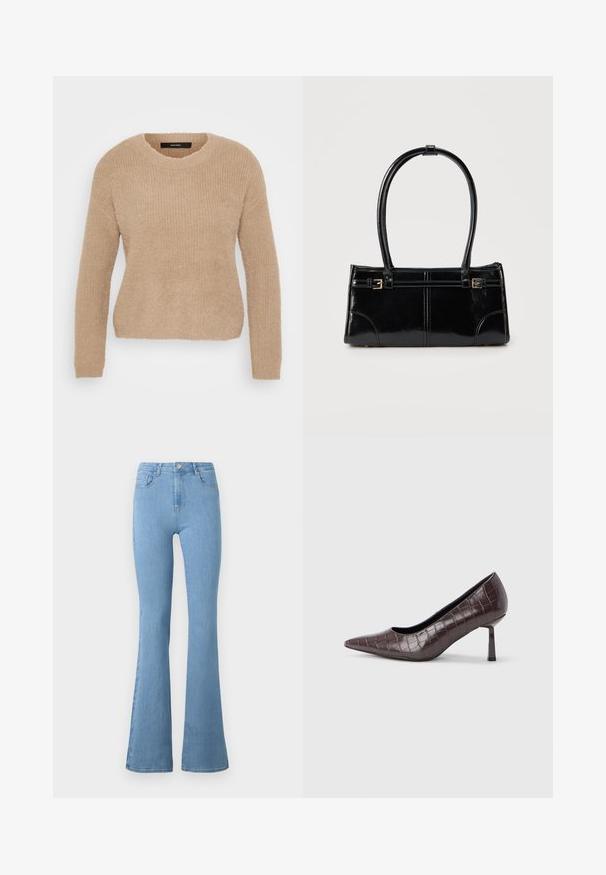 Suéter de punto beige con mangas largas, cuello redondo y tejido suave y texturizado. Presenta un corte relajado y un diseño de canalé.; Jeans de mezclilla de tiro alto en un azul claro, con piernas acampanadas, cinco bolsillos, cremallera frontal y cierre de botón metálico.; Tacones puntiagudos de cuero sintético marrón con textura de cocodrilo, con un tacón delgado y angular y un forro interior suave.; Bolso rectangular negro brillante con dos finas correas para el hombro y pequeños detalles de hebilla dorada en la parte frontal.
