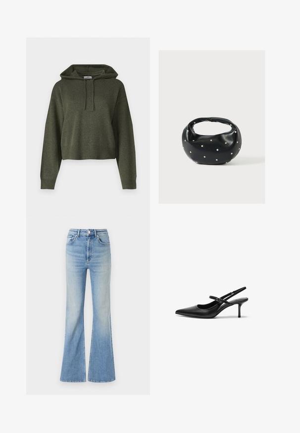 Olivenfarvet cropped hoodie lavet af et tekstureret stof, med hæklet hætte og ribbede manchetter og kant. Simpel, afslappet design.; Lyseblå flared jeans lavet af denim, med høj talje, fem-lommekonstruktion og en subtil gradientafblegning mod kanten.; Sorte læder slingback hæle med spids tå, slank justerbar rem og en stiletto hæl på cirka 5 cm, glat tekstur.; Sort læderhåndtaske med en rundet form, dekoreret med sølvnitter, og et kort håndtag. Glat tekstur og lynlåslukning.