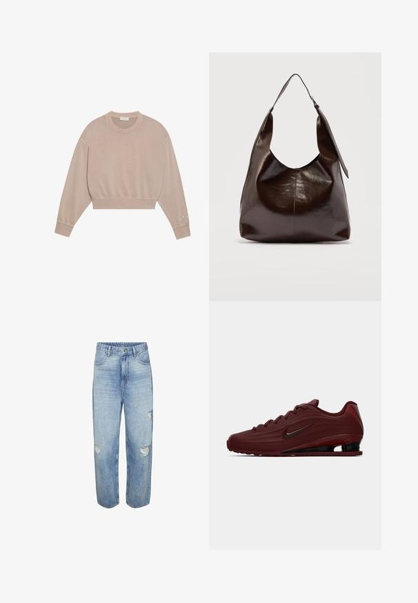 Kort sweatshirt in lichtbeige, met een ronde halslijn, lange mouwen, ribbelmanchetten en een decoratieve tekstdetail op de linkermouw.; Lichtblauwe denim spijkerbroek met een losse pasvorm, voorzien van versleten plekken op de voorkant en achterkant, vijf zakken en een knoopsluiting.; Bordeaux Nike sneaker met zwarte zoolaccenten, veters en swoosh-logo, weergegeven in zijprofiel op een witte achtergrond.; Donkerbruine glanzende leren schoudertas met een enkele brede riem en gespsdetail aan één kant, tegen een effen lichte achtergrond.