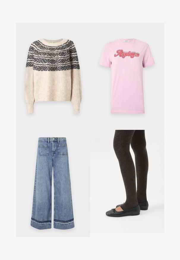 Cremefarvet og sort strikket sweater med mønstret yoke, ribbede manchetter og kant, præsenteret mod en ensfarvet baggrund.; Lys lyserød T-shirt med korte ærmer, med teksten "Hot & Sweet Replay" og to jordbærgrafikker centreret på brystet.; Lysblå denim brede bukser med høj talje, to baglommer og kontrasterende syninger langs kanten.; Ben iført mørke ribbede leggings kombineret med sorte balletsko med små sløjfedetaljer på hvid baggrund.