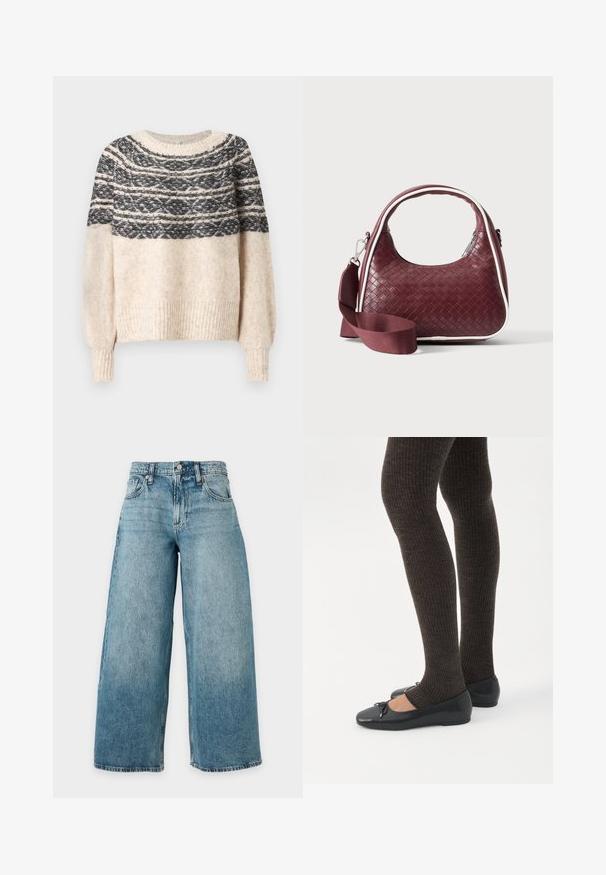Cremefarvet og sort strikket sweater med mønstret yoke, ribbede manchetter og kant, præsenteret mod en ensfarvet baggrund.; Lyseblå denimjeans med høj talje, bred benudskæring, fem lommer, bæltestropper og knaplukning, vist mod en ensfarvet baggrund.; Ben iført mørke ribbede leggings kombineret med sorte balletsko med små sløjfedetaljer på hvid baggrund.; Mørkerød vævet lædertaske med buet hank, hvid kant, sølv lynlås og aftagelig bred stofskulderrem mod en ensfarvet baggrund.