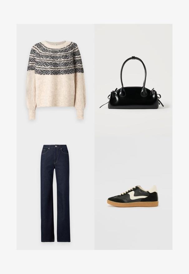 Pull en tricot crème et noir avec un yoke à motifs, des poignets et un ourlet côtelés, présenté sur un fond uni.; Jeans en denim bleu foncé avec une coupe droite, style classique à cinq poches, couture visible et fermeture à bouton à l'avant.; Baskets en daim et cuir noir avec un swoosh latéral crème et un talon crème clair. Dotées de lacets beige et d'une semelle en caoutchouc gomme.; Petit sac à main noir brillant avec deux longues anses et des détails à cordon sur les côtés sur un fond clair uni.