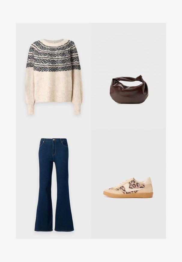 Cremefarvet og sort strikket sweater med mønstret yoke, ribbede manchetter og kant, præsenteret mod en ensfarvet baggrund.; Mørkeblå jeans med udvidet ben, lavet af denim. Funktioner inkluderer frontlukning med knap, femlommeredesign og syede detaljer på lommerne.; Leopardprint sneakers med beige ruskindsoverdel, tan gummisål og hvide detaljer. Rund pegefinger og snørebåndsdesign med en tekstureret finish.; Mørkebrun læder skuldertaske med en blød, afslappet form og et snoet knudehåndtag på en ensartet hvid baggrund.