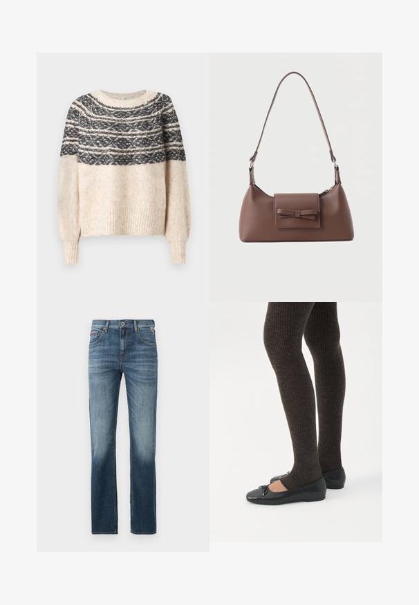 Pull en tricot crème et noir avec un yoke à motifs, des poignets et un ourlet côtelés, présenté sur un fond uni.; Jeans en denim bleu foncé avec une coupe à jambes droites, un léger délavage au niveau des cuisses et des coutures contrastantes. Design classique à cinq poches avec une fermeture éclair.; Jambes portant des leggings côtelés foncés associés à des ballerines noires avec de petits détails en nœud sur fond blanc.; Sac à bandoulière en cuir marron avec une poche à rabat avant ornée d'un détail en forme de nœud cousu et une sangle réglable.
