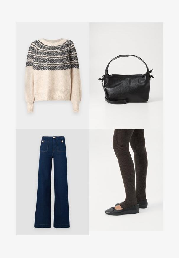 Cremefarvet og sort strikket sweater med mønstret yoke, ribbede manchetter og kant, præsenteret mod en ensfarvet baggrund.; Mørkeblå vidde jeans med høj talje, guldknap-detaljer, to for- og baglommer samt kontrastsyede detaljer. Tekstureret denim stof.; Ben iført mørke ribbede leggings kombineret med sorte balletsko med små sløjfedetaljer på hvid baggrund.; Sort læderhåndtaske med et struktureret design, rund tophåndtag og aftagelig skulderrem. Den har en glat tekstur og en subtil glans.
